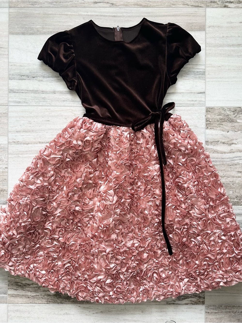 Velvet Bodice Rosette Skirt Girls' Formal Dress in Chocolate and Blush Pink